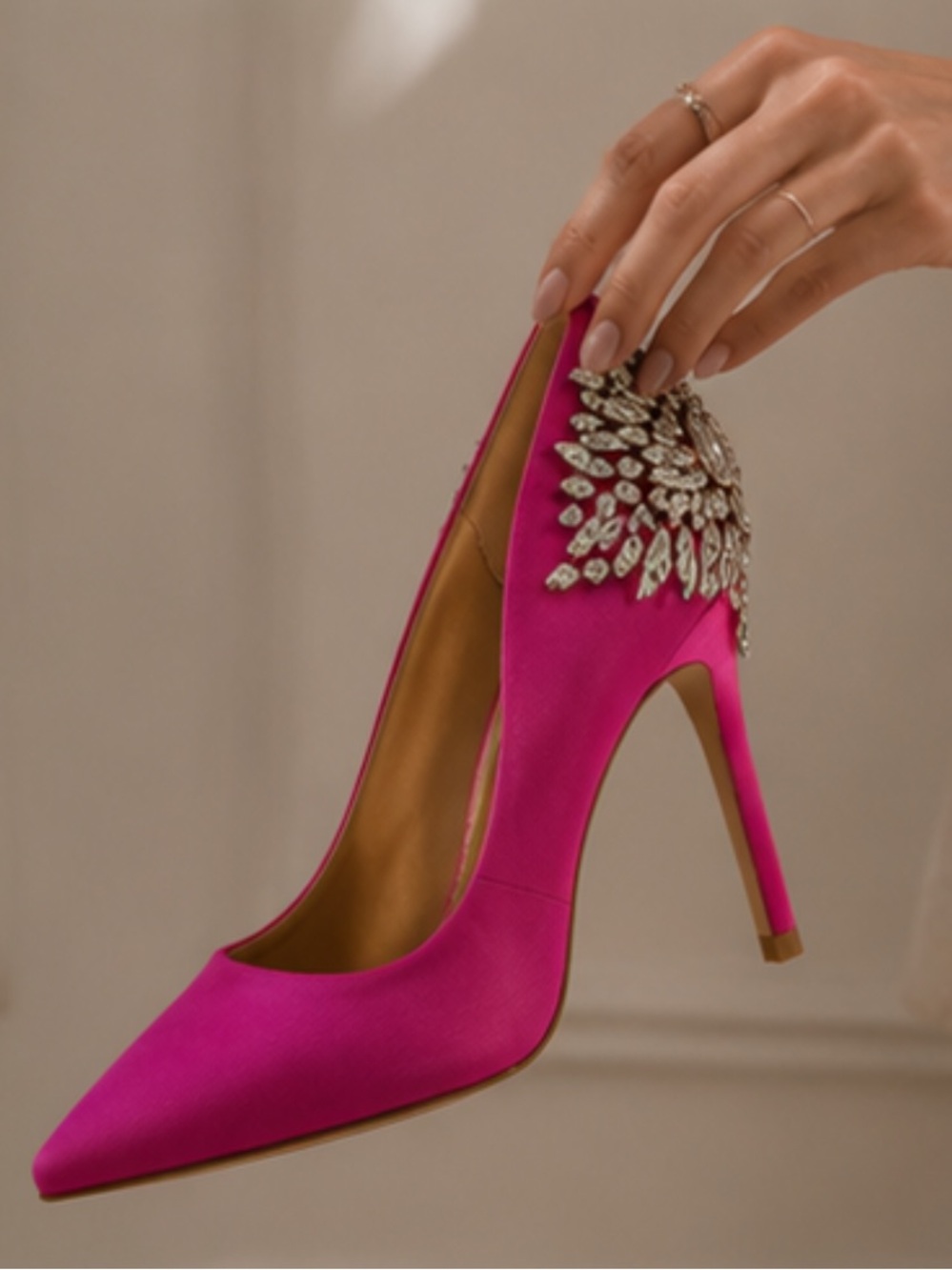 Hot Pink Crystal Embellished Pointed Toe Pumps - Picture 2 of 14